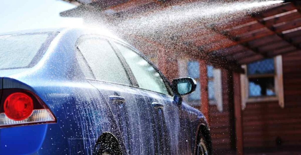 Blue car washing on open air